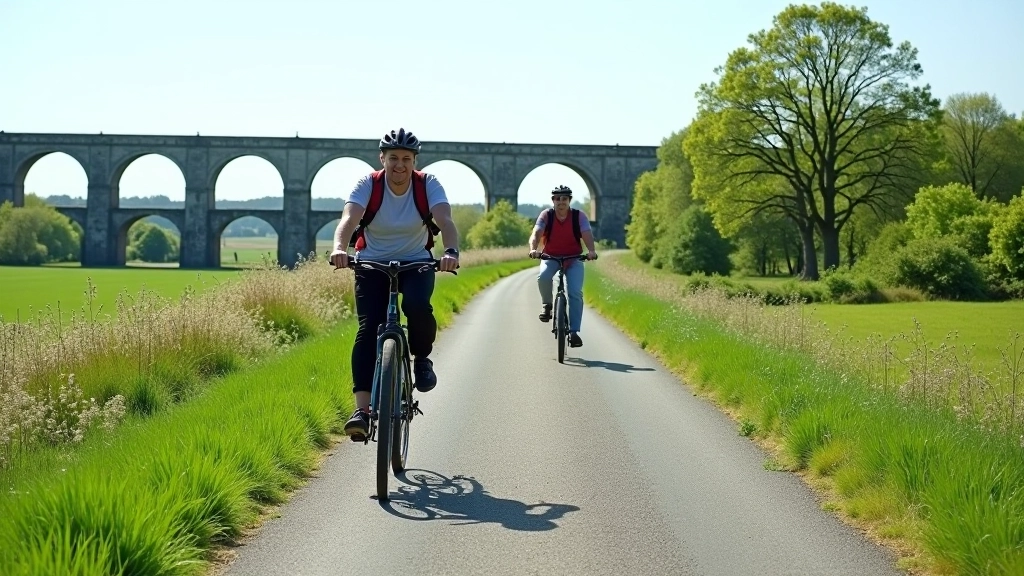 Scenic cycling path along historic railway viaduct with stone arches and green countryside