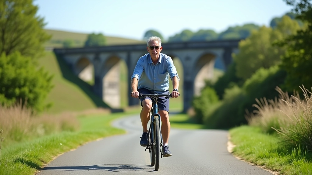 Modern cyclist riding across historic viaduct on paved greenway path with stone arches and scenic valley view