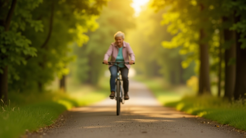 Mature cyclist enjoying peaceful ride on shaded greenway path with trees overhead