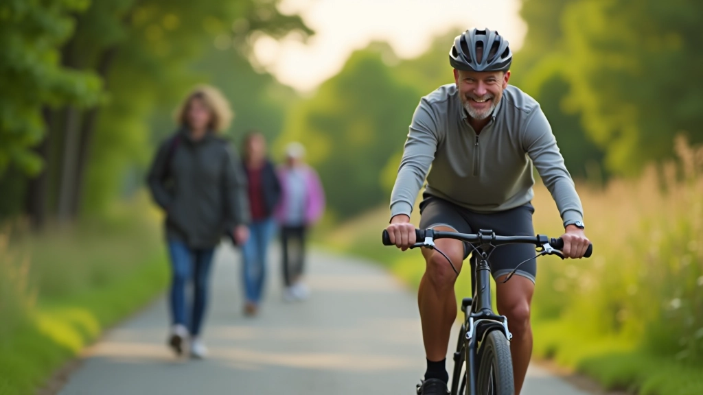Cyclist waving to pedestrians on shared greenway path
