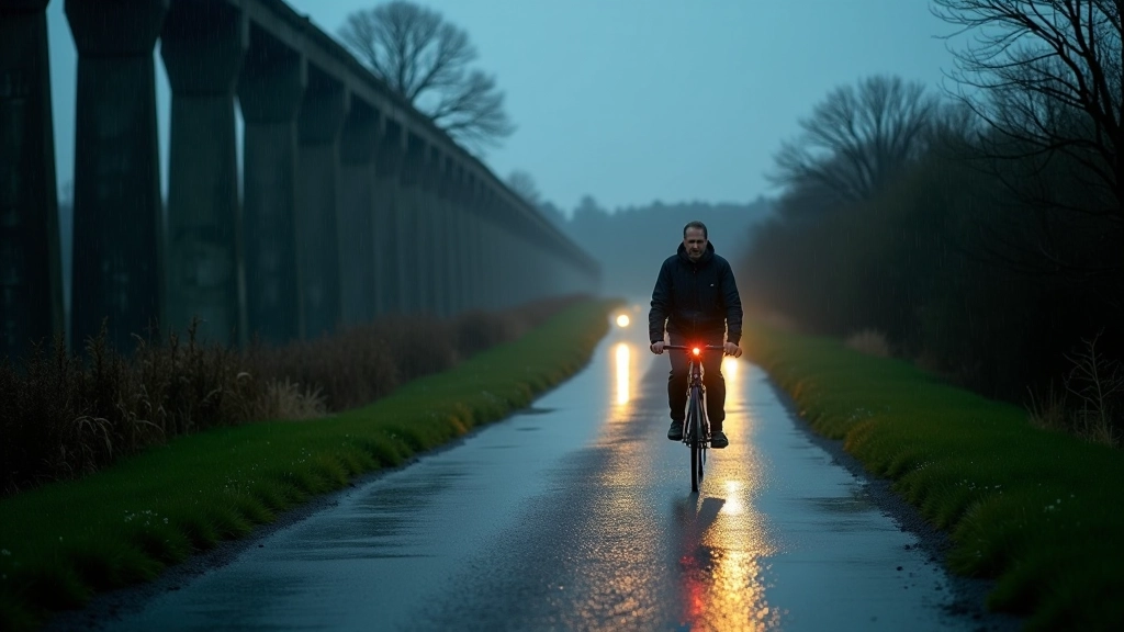 Greenway trail in light rain conditions, showing wet surface and cyclist with lights activated for visibility