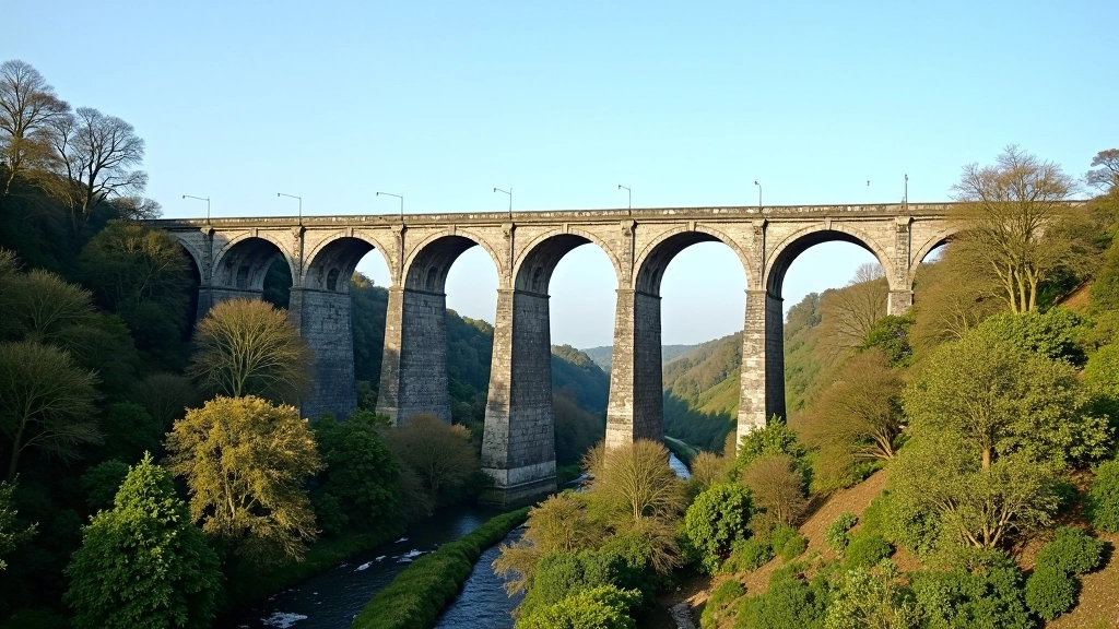 Wide landscape view of complete historic railway viaduct spanning green valley with mature trees, clear sky, showing multiple stone arches