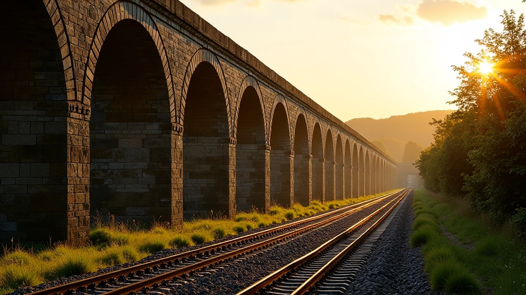 Historic Victorian railway viaduct with stone arches and railway tracks, architectural detail in golden afternoon light