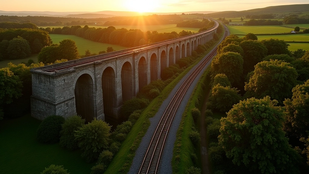 Historic railway viaduct pathway surrounded by green fields and trees in Waterford region