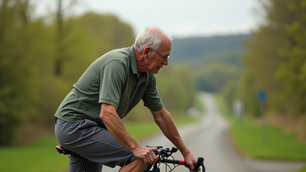 Senior cyclist demonstrating proper handlebar reach and arm position, relaxed shoulders, neutral wrist angle on the trail