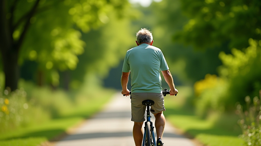 Senior cyclist on the Waterford to New Ross greenway, comfortable riding position, bright summer day, scenic trail with trees